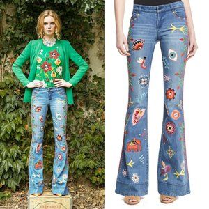 NWT Alice + Olivia Ryley Embroidered Bell Bottom Flare Blue Jeans - Size 24